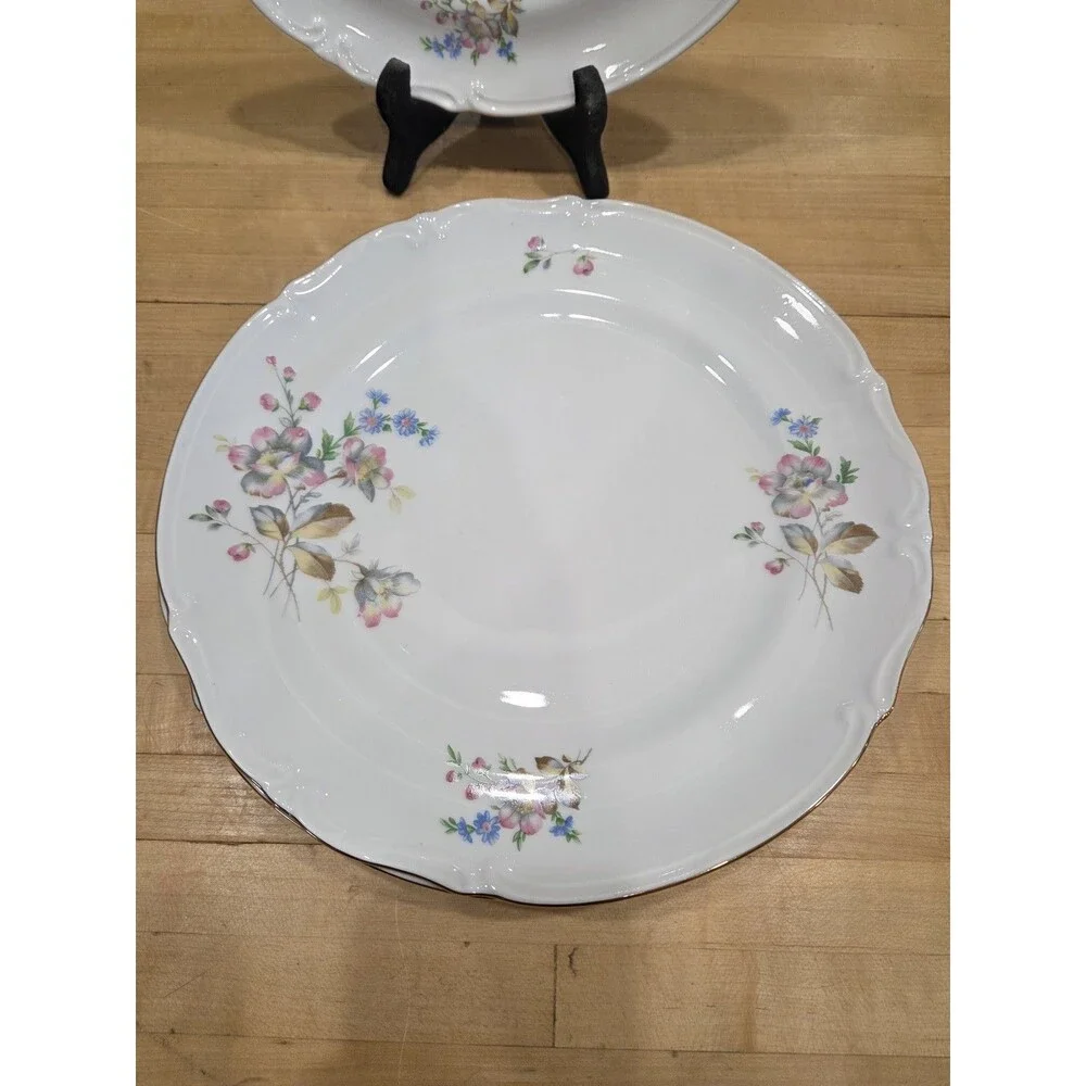 Vintage Elegant Pink Rose Blue Forget Me Not Dinner Plates Set of 4 Japan